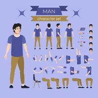 conjunto de caracteres masculinos. conjunto de caracteres do homem. poses, gestos de um homem. coleção de emoções feliz, feliz, neutra, chocada, surpresa, zangada. mãos segurando objetos. vista frontal, lateral, traseira. vetor