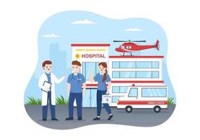 carro de ambulância de veículo médico ou serviço de emergência para pegar o paciente ferido em um acidente em ilustração de modelos desenhados à mão de desenhos animados planos vetor