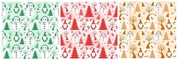 conjunto de design de padrão sem costura de fundo de natal com papai noel, árvore, boneco de neve e presentes em modelo de ilustração plana de desenhos animados desenhados à mão vetor