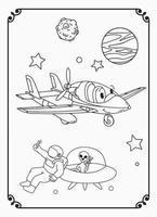 bonito avião engraçado e feliz com espaço e galáxia para colorir para crianças vetor