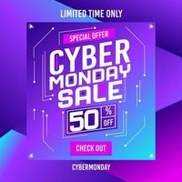 Cyber segunda-feira venda desconto banner estilo futurista neon roxo rosa azul cor vetor