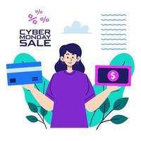 mulher de ilustração plana com cartão de crédito e pagamento em dinheiro loja online cyber segunda-feira vetor