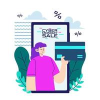 mulher de ilustração plana segurando cartão de crédito para compras on-line para cyber segunda-feira vetor