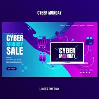 laptop de venda de segunda-feira cibernética com tema de neon de design de página de destino de ícones de marketing vetor