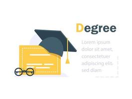 conceito de educação, chapéu de formatura, diploma e relógio, certificado de graduação, realização, ilustração vetorial vetor