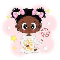 linda garota afro com ilustração vetorial de natal de doces e biscoitos vetor