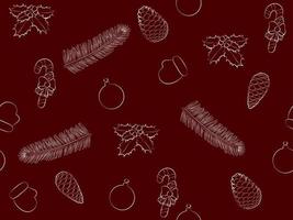 Natal e ano novo fundo sem costura vermelho e branco com ramo de abeto, brinquedos e ilustração vetorial de cones de abeto vetor