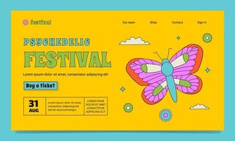 um modelo de página de destino hippie no estilo groovy para festival psicodélico. uma ilustração delineada brilhante com uma borboleta, estrelas e flores. vetor