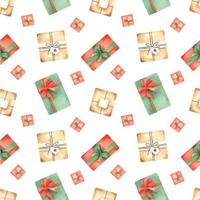 padrão sem emenda de aquarela de natal com caixas de presente em vermelho, verde e bege. ilustração festiva para papel de embrulho, têxteis, papel de parede, tecido, elementos de design vetor