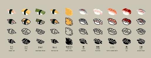 conjunto de ícones de sushi de vetor. quatro estilo. vetor