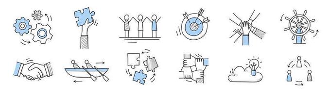 ícones de trabalho em equipe com pessoas, quebra-cabeça, aperto de mão vetor