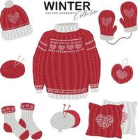 definir ilustração vetorial. ferramentas de tricô, fios, suéter, roupas de inverno e almofada vetor