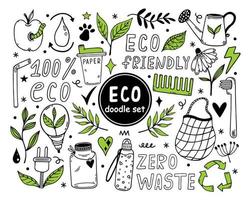 conjunto de vetores eco doodles. símbolos de cuidado ambiental - desperdício zero, produtos orgânicos, reciclagem, ecologicamente correto. bio emblema, fique verde. contorno simples isolado no branco. clipart para impressão, logotipos, aplicativos