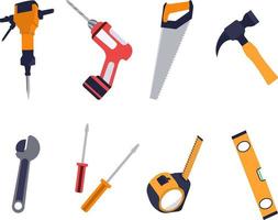 ícones de ferramentas de construção e reparação, conjunto de ferramentas de construção - furadeira, martelo, chave de fenda, serra, chave inglesa, régua. conceito de ilustração plana vetor