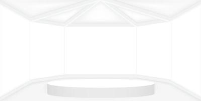 sala branca vazia com palco redondo branco ou pódio para exibição, apresentação, maquete, pedestal de palco ou produto de montagem. ilustração em vetor abstrato 3d interior modelo para segundo plano.