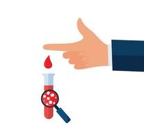 conceito de hematologia com glóbulos vermelhos em tubo de ensaio e lupa, ilustração vetorial em estilo simples