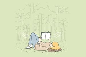 conceito de relaxamento, lazer e leitura. personagem de desenho animado jovem mulher feliz deitada na grama no parque lendo livro sentindo ilustração vetorial relaxada vetor