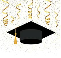 boné de pós-graduação e diploma com confete dourado caindo no fundo vetor