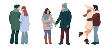 abraçando casais em roupas de inverno. um homem e uma mulher apaixonados, uma família feliz em uma caminhada. romance de inverno. apartamento. conjunto de ilustrações vetoriais. vetor