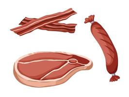 fatia de carne crua e cozida, salsicha e bacon. ingrediente de carne de preparação de churrasco carnívoro. ilustração vetorial de comida gostosa com estilo de arte plana colorida. vetor