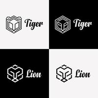 definir rosto de cabeça tigre leão estilo linha hexágono design de logotipo de identidade de marca vetor