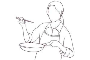 linda garota cozinhando ilustração vetorial de estilo desenhado à mão vetor