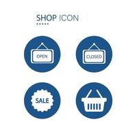 símbolo de sinal de loja aberta, próxima e venda e ícones de cesta de compras em forma de círculo azul isolado no fundo branco. ilustração vetorial. vetor