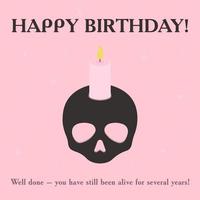 cartão postal de aniversário com caveira e vela e título feliz aniversário e felicitações sarcásticas vetor