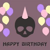 cartão postal de aniversário com caveira em um chapéu e balões e título de feliz aniversário vetor