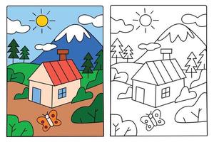 casa simples no campo com bela paisagem para colorir para crianças desenhando educação. ilustração de desenho animado simples em tema de fantasia para livro de colorir vetor