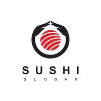 amo o logotipo do sushi com o símbolo da mão abraçando vetor