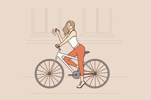 andar de bicicleta e conceito de atividades de rua. sorridente menina bonita hipster com cabelos castanhos compridos andando de bicicleta de engrenagem fixa e acenando ilustração vetorial de mão vetor