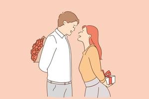 amor, dia dos namorados e conceito de namoro romântico. jovens personagens de desenhos animados amorosos de homem e mulher em pé e preparando presentes um para o outro para férias durante a ilustração vetorial de data vetor