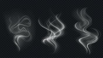 coleção de vetores de fumaça, fundo isolado, transparente. conjunto de vapor de fumaça branca realista, ondas de café, chá, cigarros, comida quente,... efeito de neblina e névoa.