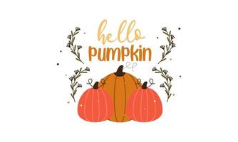 Olá temporada de abóbora. vetor de letras desenhadas à mão outono conjunto com abóboras, castanhas e folhas. hal