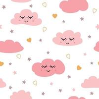 padrão de nuvens. padrão perfeito com corações de estrelas de nuvens dormindo para o projeto do bebê. fundo rosa chá de bebê fofo. estilo infantil papel de parede têxtil tecido pano. ilustração vetorial. vetor