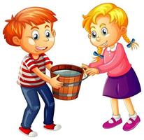 menino e menina segurando um balde de madeira cheio de água no fundo branco vetor