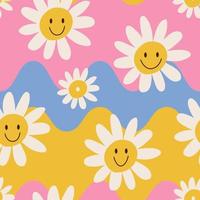Flores de margarida de 1970 e padrão ondulado sem costura nas cores amarelas, azuis e rosa. vetor desenhados à mão mão desenhada ilustração plana. fundo groovy estilo anos setenta. estética engraçada hippie.
