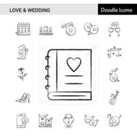 conjunto de 17 conjunto de ícones desenhados à mão de amor e casamento vetor