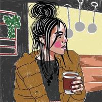 linda garota com um penteado elegante e uma xícara de café vetor