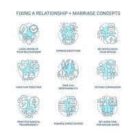 consertando o conjunto de ícones de conceito turquesa de relacionamento e casamento. ilustrações de cores de linha fina de ideia de comunicação saudável. símbolos isolados. traço editável. vetor