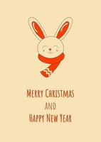 lindo coelhinho de natal sorridente vestindo um cachecol feliz natal e feliz ano novo cartão ou plano de fundo em estilo retro vetor