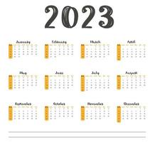 calendário horizontal 2023 ano. projeto minimalista. semana começa no domingo vetor