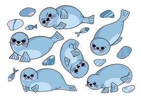 conjunto de vetores com focas marinhas fofas, focas, animais marinhos engraçados no estilo cartoon. ilustração infantil para cartões postais, cartazes, pijamas, tecidos, roupas, adesivos.