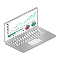 laptop isométrico com gráficos e tabelas na tela isolada em branco. computador com sistema analítico. vetor eps10.