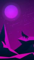 paisagem noturna futurista com montanhas e um lobo uivando para a lua. rocha poligonal. céu estrelado violeta com lua e chuva de meteoros. ilustração vetorial vertical. vetor