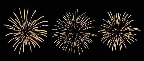 conjunto de ilustração vetorial de fogos de artifício de ano novo. coleção realista de fogos de artifício de brilho brilhante em fundo preto. design de arte adequado para decoração, impressão, pôster, banner, papel de parede, cartão, capa. vetor