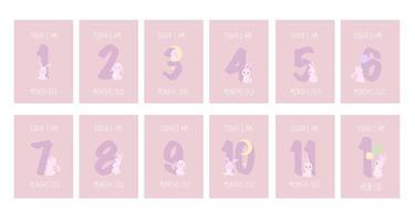 cartões de marco de bebê linda coelhinha, clipart de números. 1-11 meses e 1 ano. impressão de chá de bebê capturando todos os momentos especiais. cartão de aniversário do mês do bebê. estampa de berçário. vetor