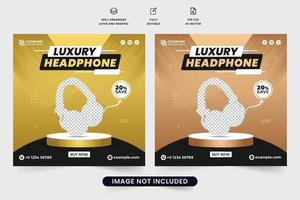 vetor de postagem de mídia social de fone de ouvido de luxo com seção de oferta de desconto. design de banner web de promoção de marca de fone de ouvido sem fio com cores douradas e escuras. modelo de venda de fone de ouvido para marketing.