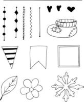 conjunto de elementos do doodle do álbum de recortes esboçar mão desenhada. para cartão de design, convite, moldura, monocromático, minimalismo, bandeiras, folha, floco de neve flor botas pingentes de fio de quadro vetor